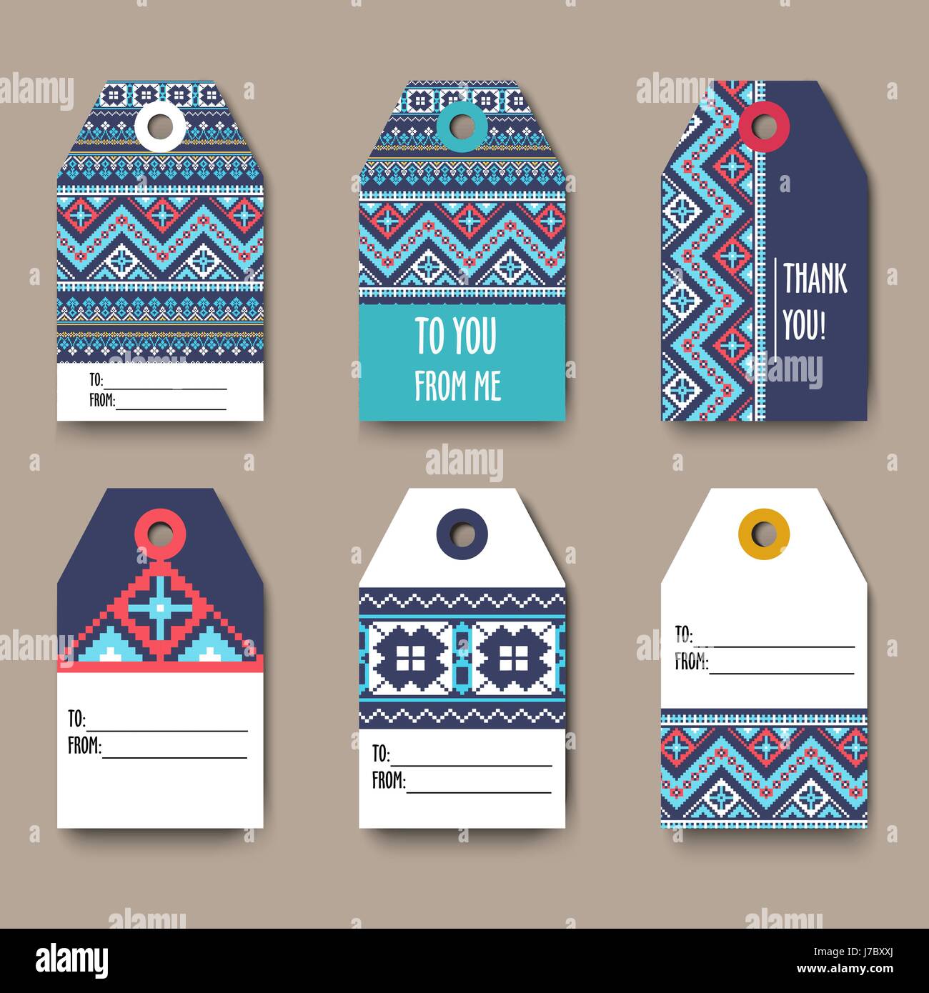 Set of geometric tribal colorful tags with Aztec pixel pattern, label templates, design elements, modern  , gift card - stock vector Stock Vector