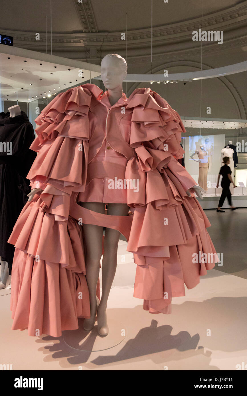 London, UK. 24 May 2017. Pictured: the Balenciaga-inspired women's  ensemble, polyurethane leather dress by Rei Kawakubo for Comme des Garcons,  Tokyo, 2016. The V&A Museum presents the exhibition Balenciaga: Shaping  Fashion, sponsored