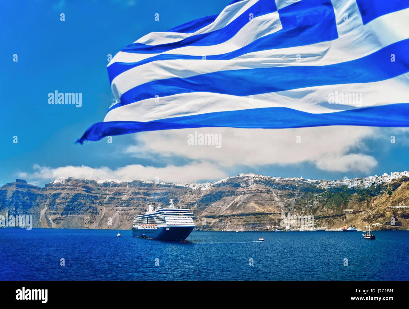 greece europe greek flag coast cruiser ship sailing boat sailboat rowing boat Stock Photo
