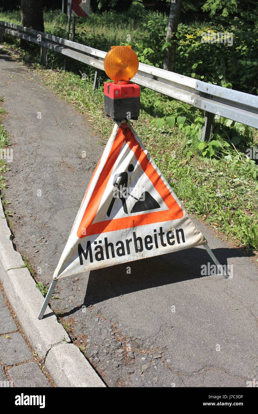 German road sign construction site mowing Stock Photo Alamy