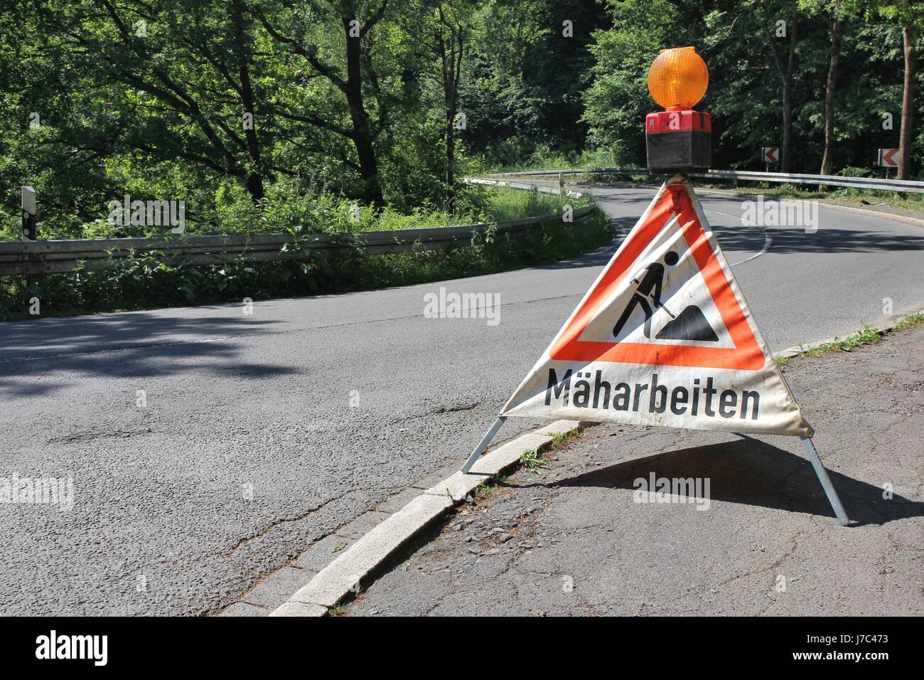 German road sign construction site mowing Stock Photo Alamy