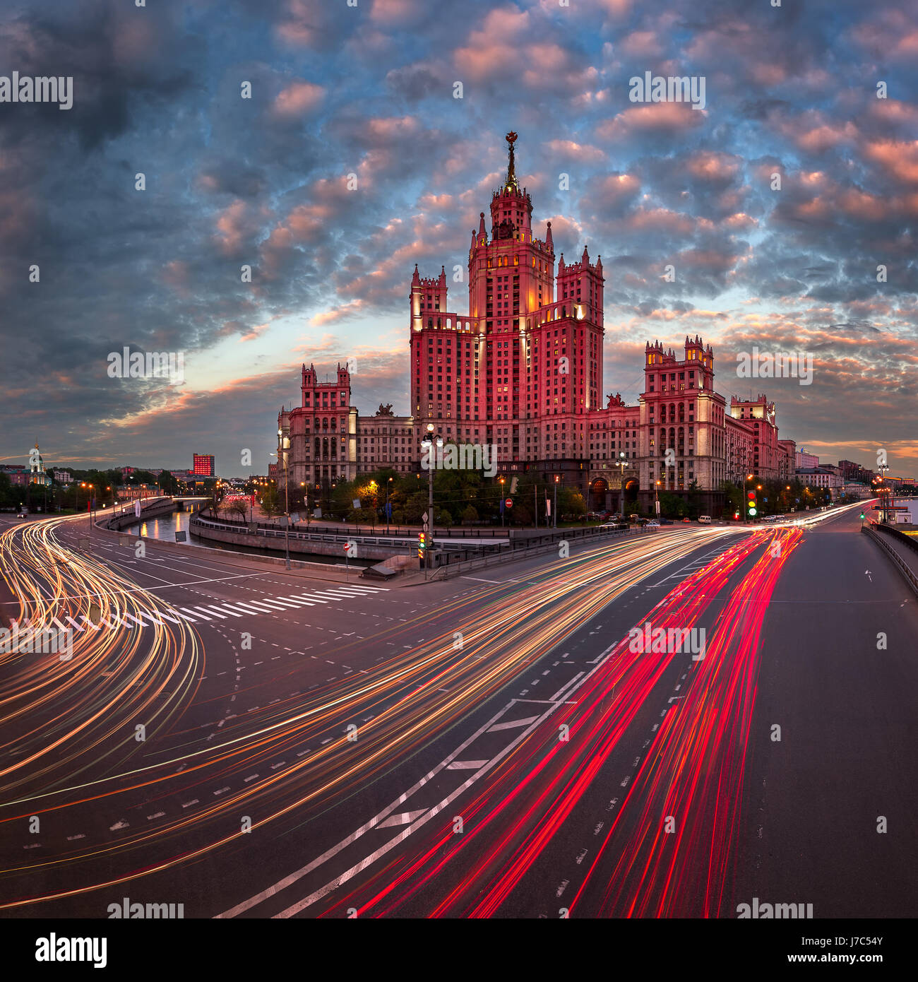 Kotelnicheskaya Embankment Building, One of the Moscow Seven Sisters in the Evening, Moscow, Russia Stock Photo