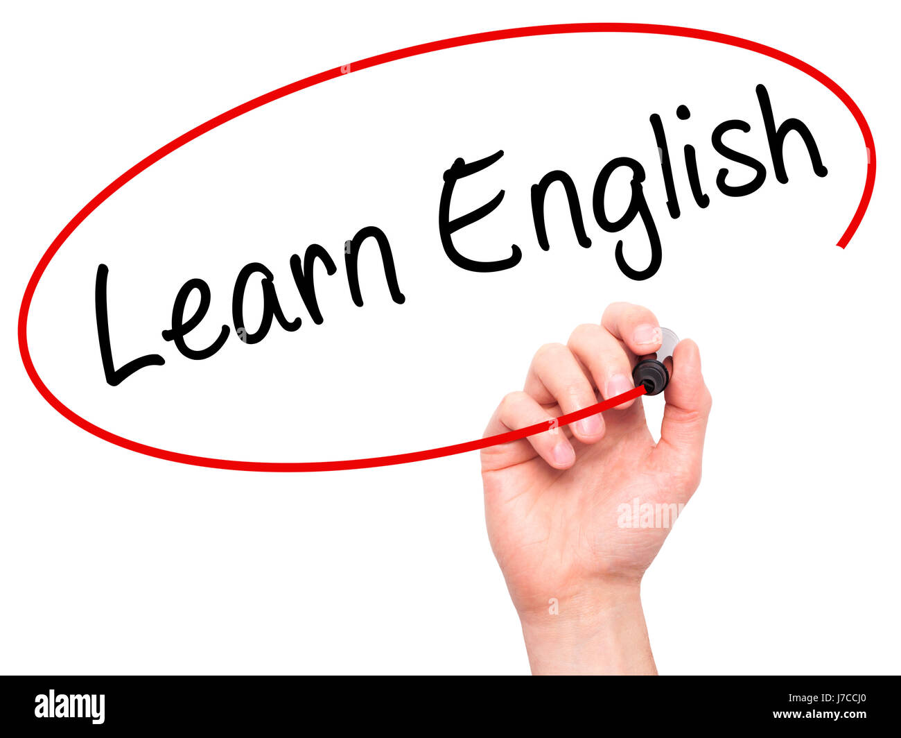 Man Hand writing Learn English with black marker on visual screen ...