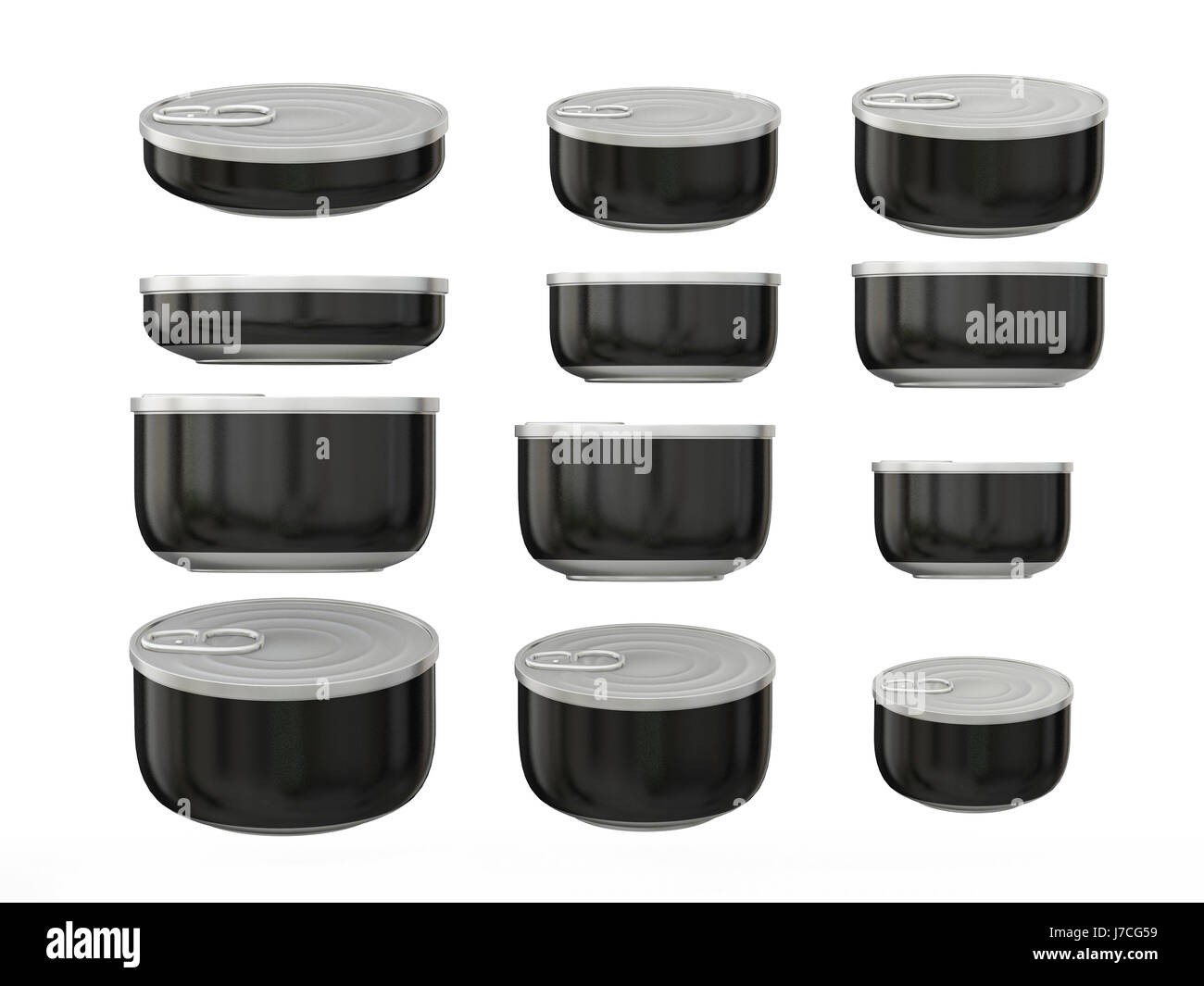 Set of black round bottom tin cans in various sizes . General can