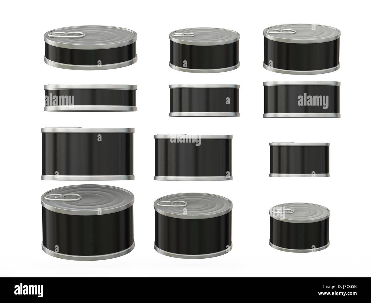 Set of black short cylindrical tin cans in various sizes . General can