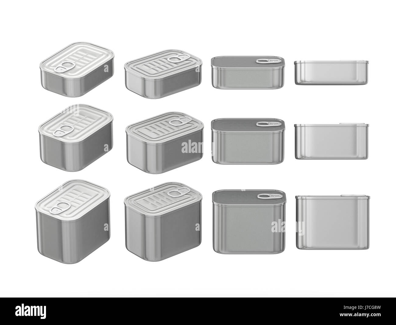 Set of aluminum rectangle tin cans in various sizes . General can