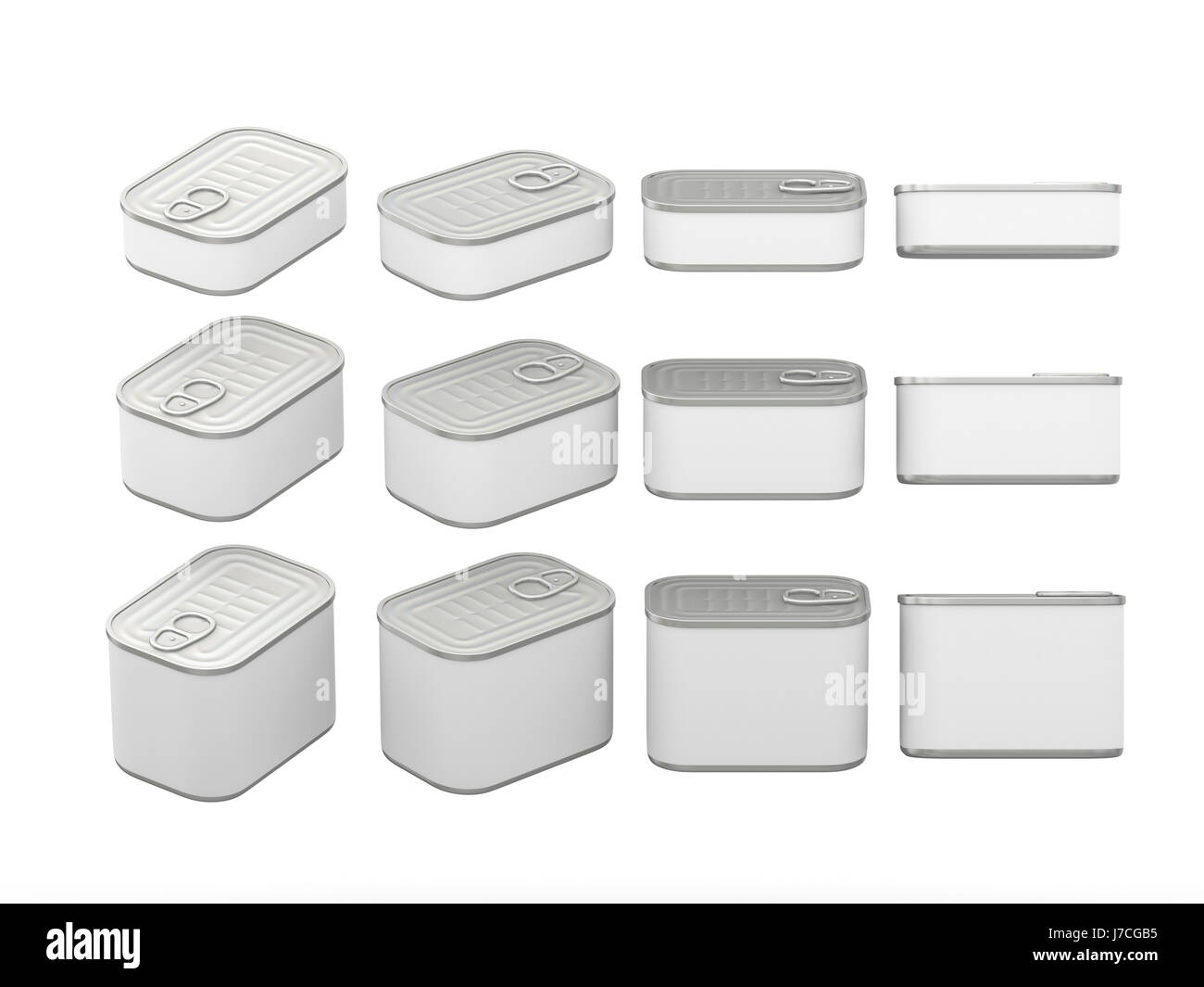 Set of white rectangle tin cans in various sizes . General can