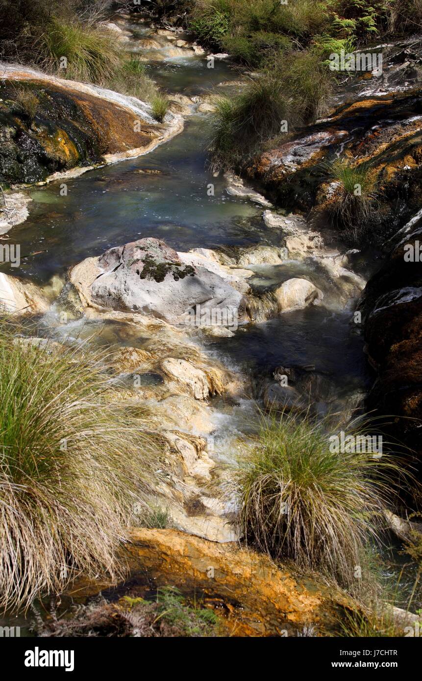 valley new zealand geothermal green stream orange sediments river water stones Stock Photo