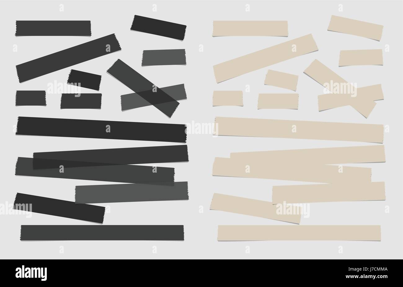 Ripped black and brown note paper strips, adhesive, sticky tape, stuck on white background Stock