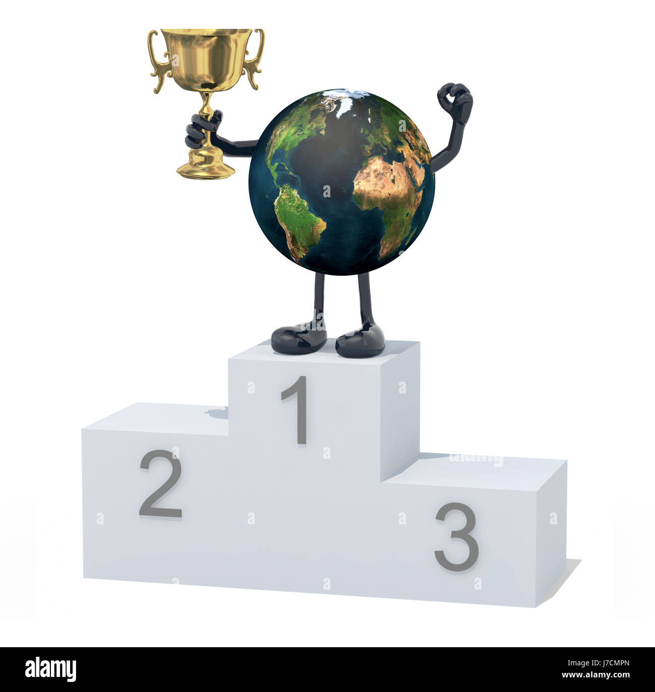 planet earth with arms, legs and winner cup on sports victory podium, 3d illustration Stock Photo