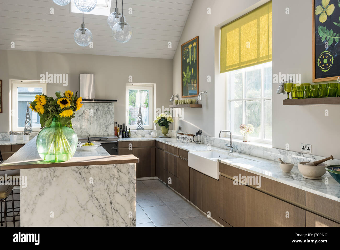 Cut sunflowers and yellow blind in marble kitchen Stock Photo
