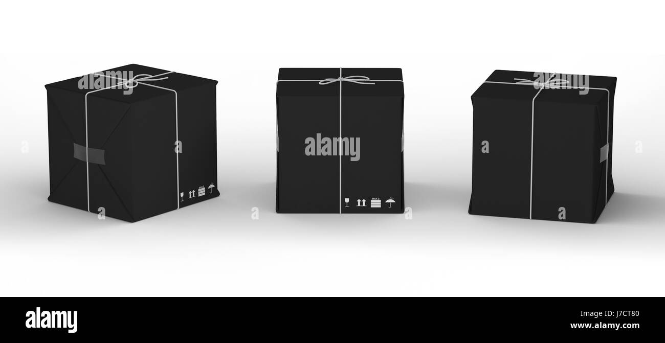 Blank cardboard carton wrapped with black paper and tied with string , clipping path included. Stock Photo