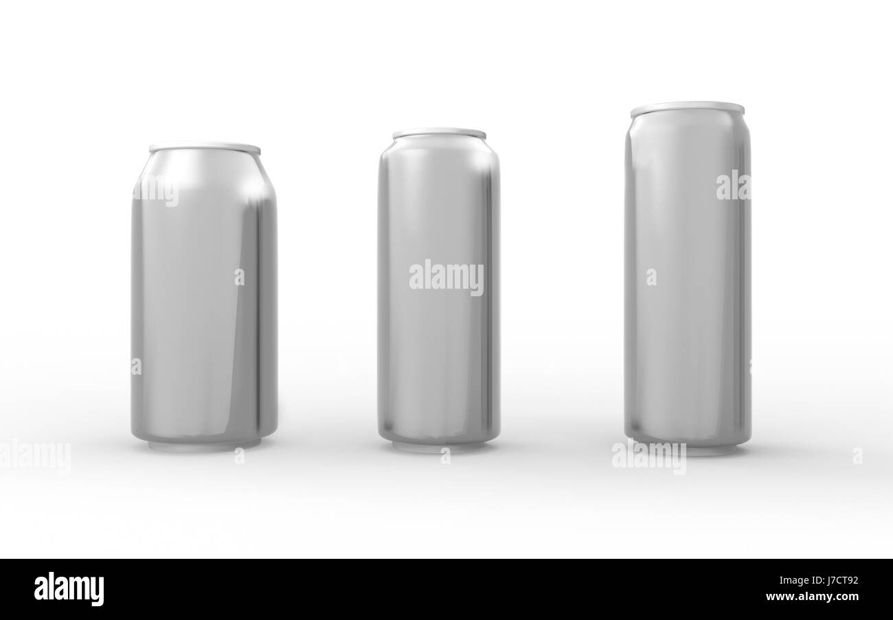 Set of aluminum cans isolated on white with clipping path, packaging for  soft drink, juice, water and beverage Stock Photo
