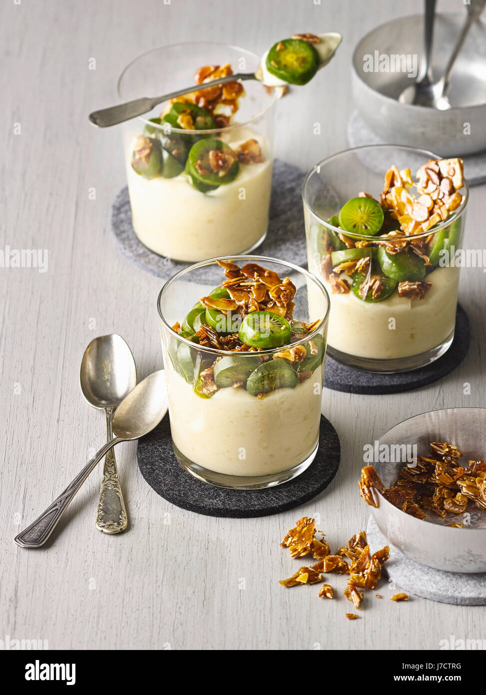 Almond pudding with nergi berries Stock Photo