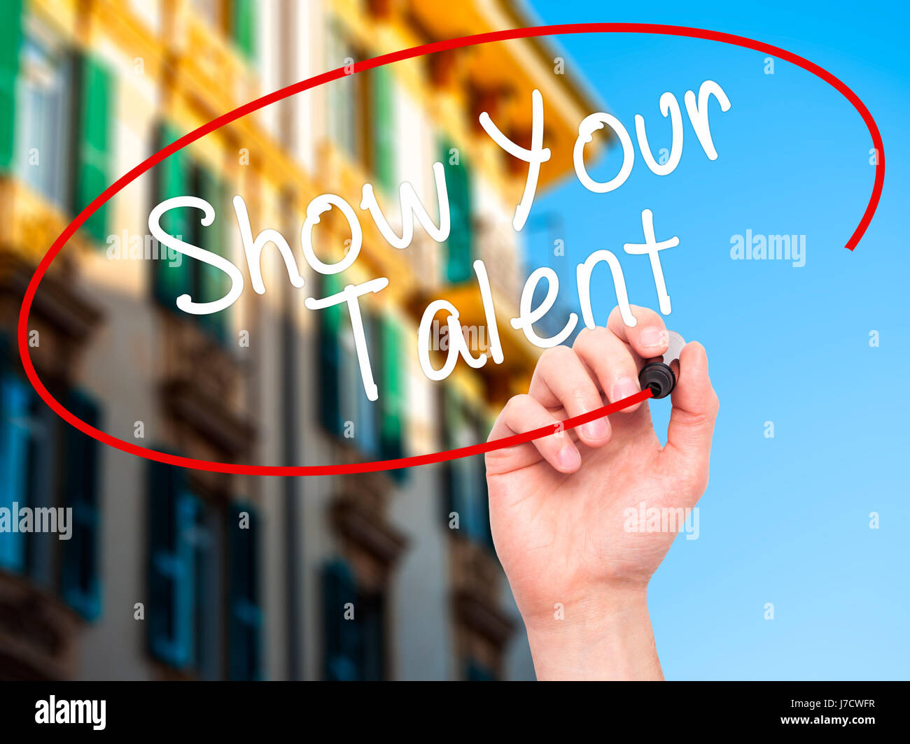 Man Hand writing Show your Talent with black marker on visual screen ...