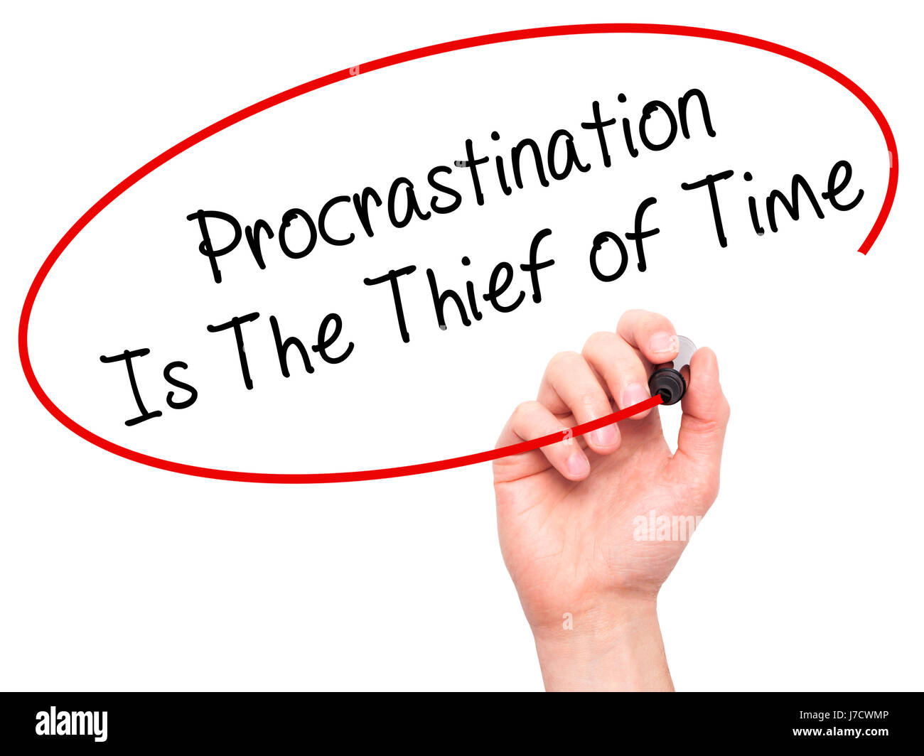 Man Hand writing Procrastination Is The of Time with black marker on visual screen. Isolated on white. Business, technology, internet concept Stock Photo - Alamy