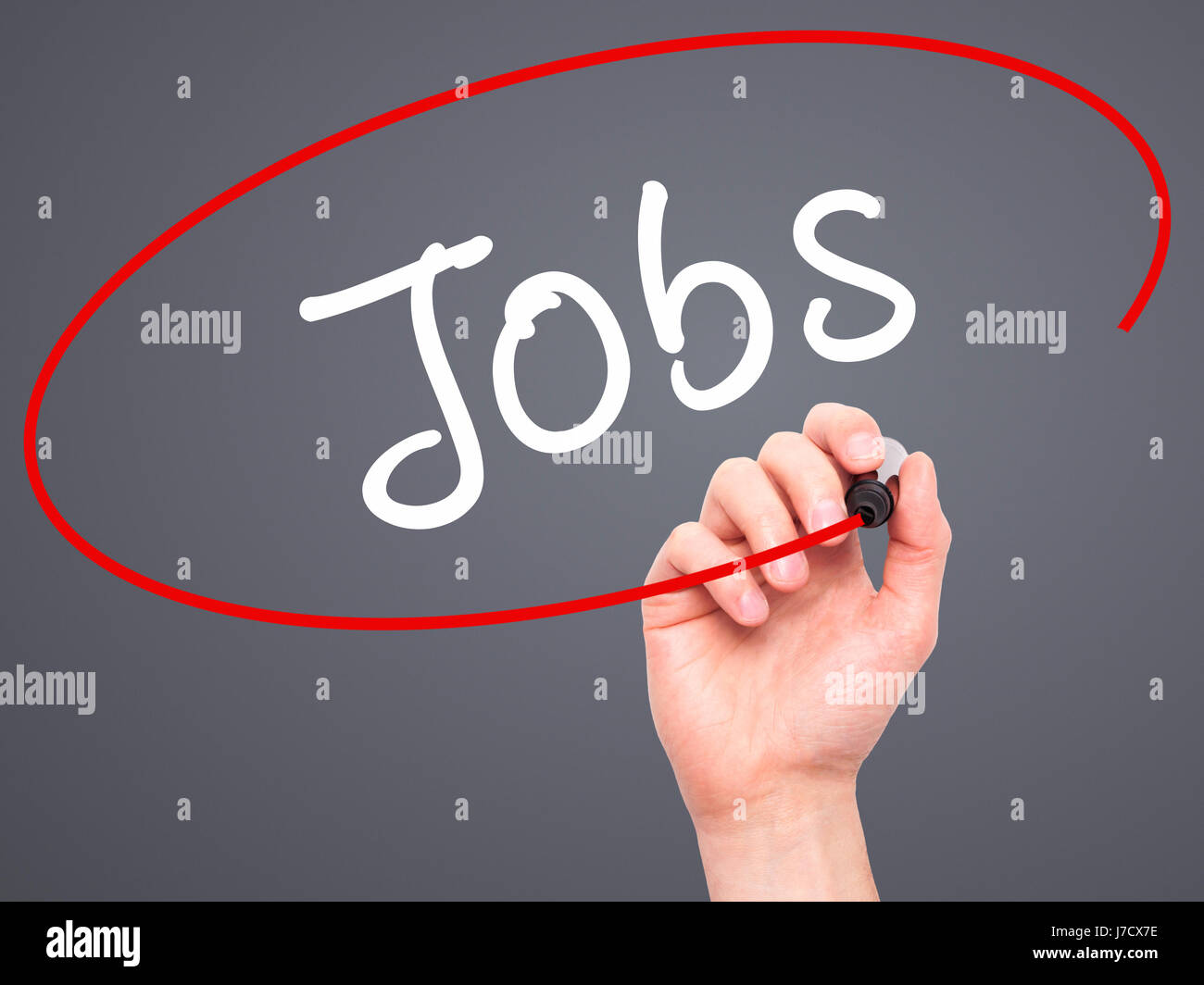 Man Hand writing Jobs with black marker on visual screen. Isolated on