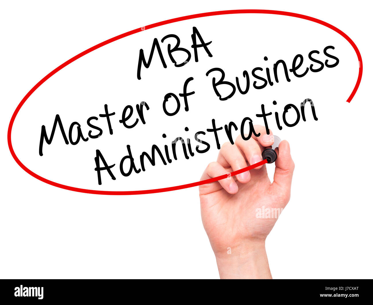 Man Hand writing MBA Master of Business Administration with black marker on visual screen