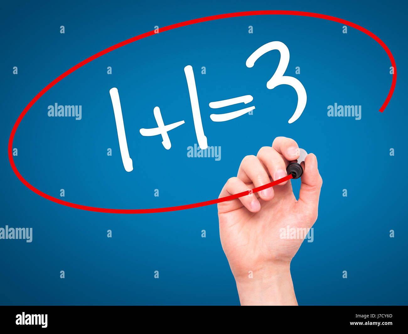 Man Hand writing 1+1=3 with black marker on visual screen. Isolated on ...
