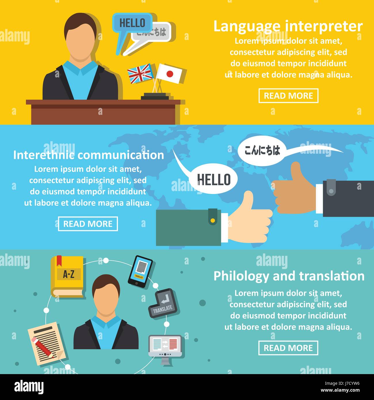 Interpreter banner horizontal set, flat style Stock Vector Image & Art