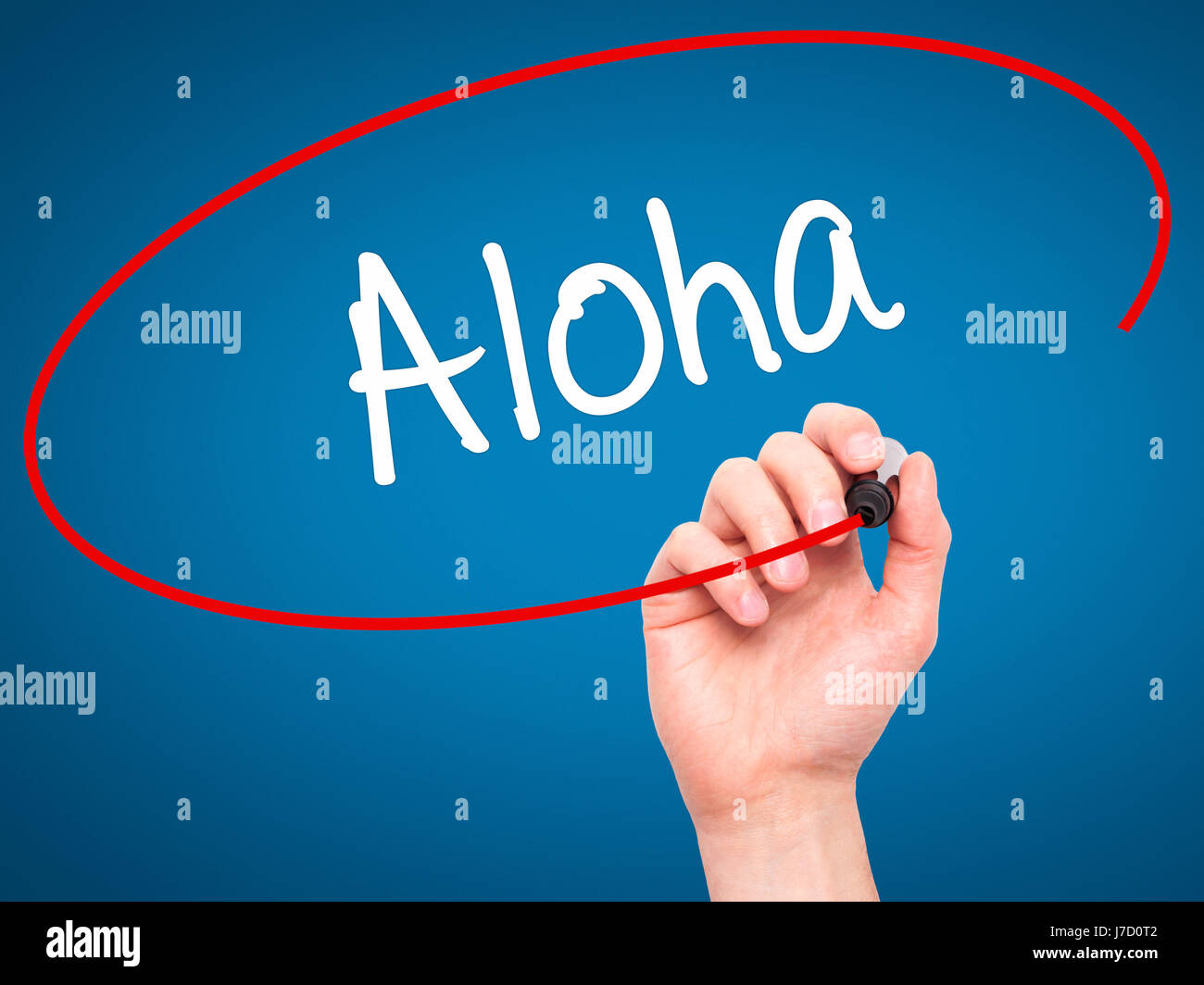 Man Hand writing Aloha with black marker on visual screen. Isolated on ...