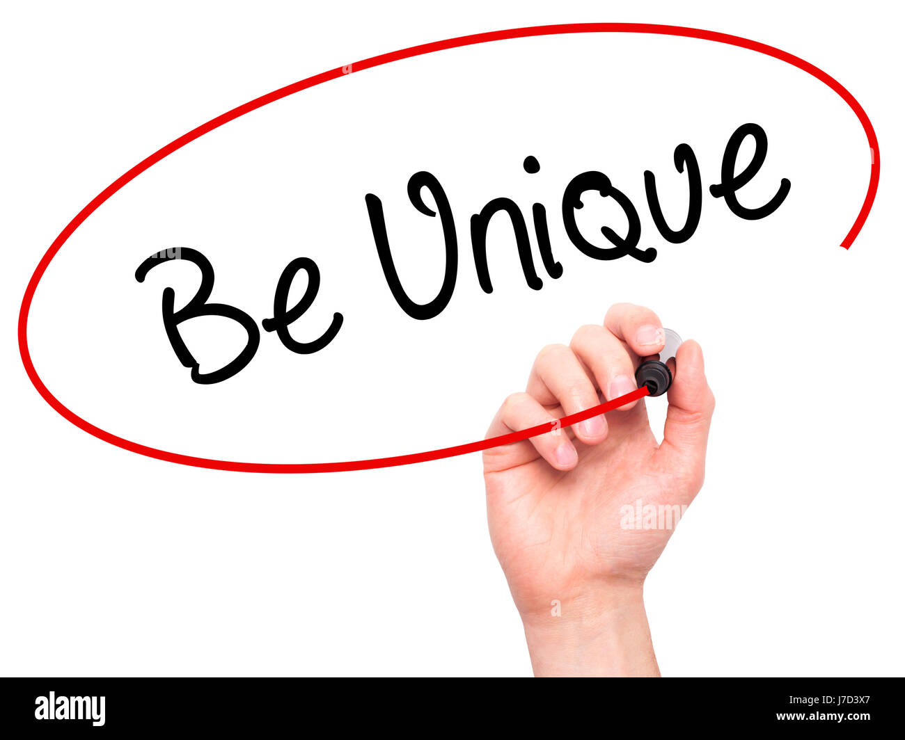 Man Hand writing Be Unique with black marker on visual screen. Isolated ...