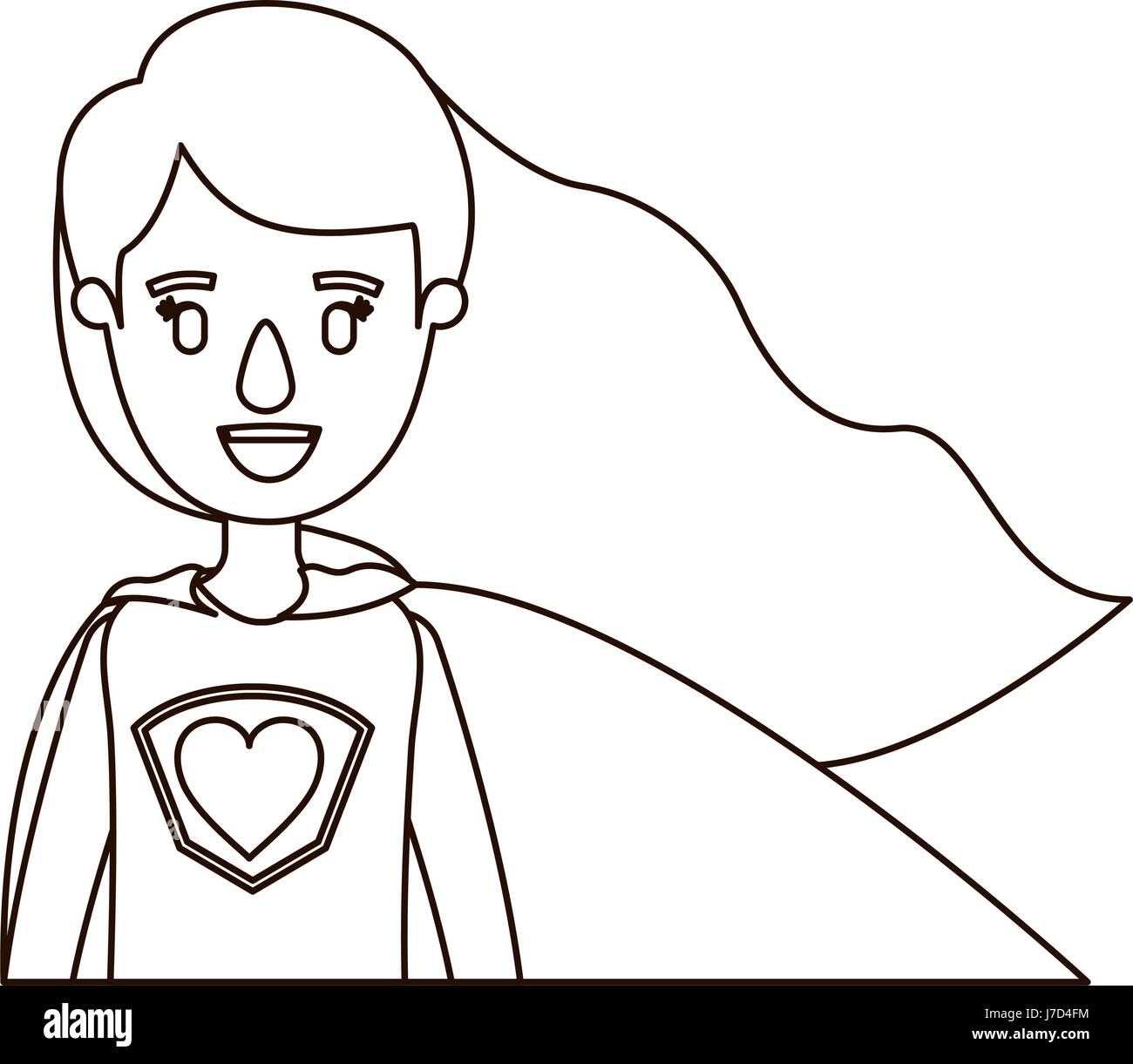 Sketch Contour Caricature Half Body Super Hero Woman With Wavy