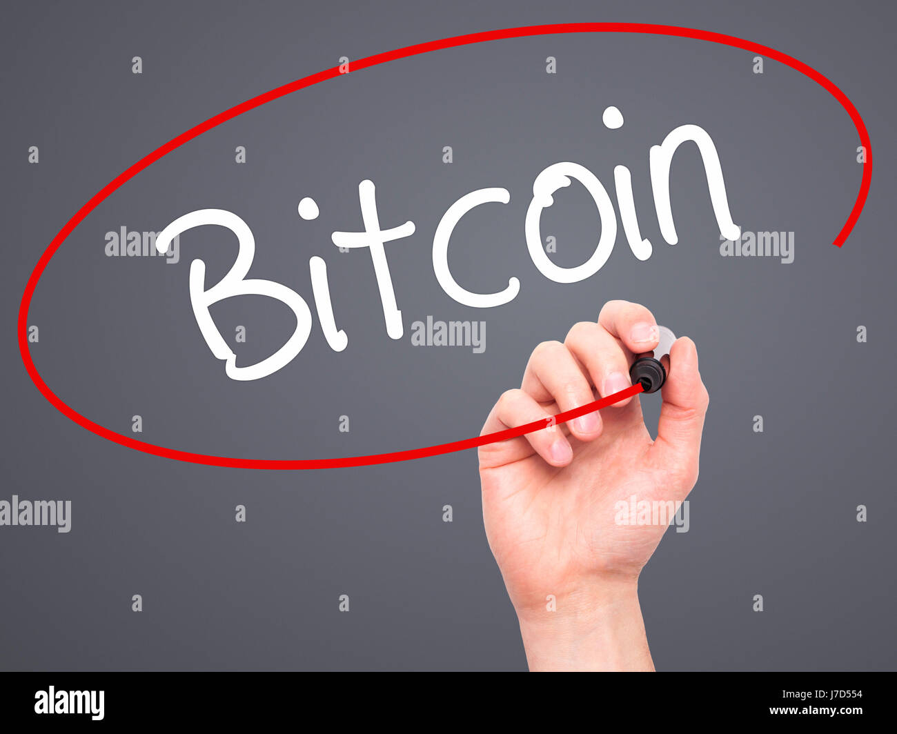 Man Hand writing Bitcoin with black marker on visual screen. Isolated ...