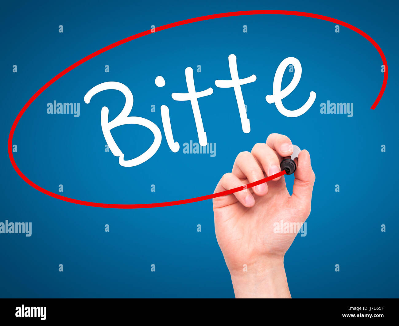 Man Hand writing Bitte (Please in German) with black marker on visual ...