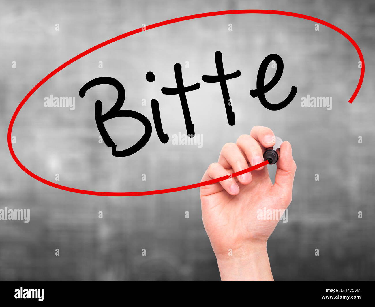 Man Hand writing Bitte (Please in German) with black marker on visual ...
