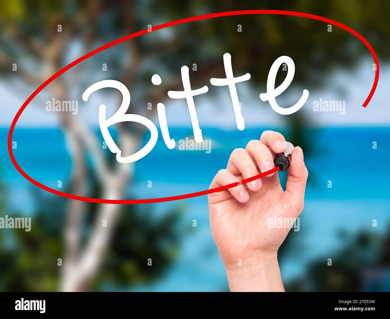 Man Hand writing Bitte (Please in German) with black marker on visual ...