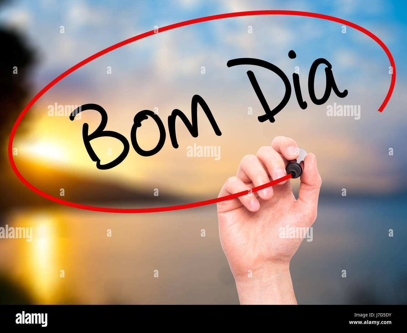Man Hand Writing Quot Bom Dia Quot In Portuguese Good Morning With Black Marker On Visual Screen Isolated On Nature Business Technology Int Stock Photo Alamy