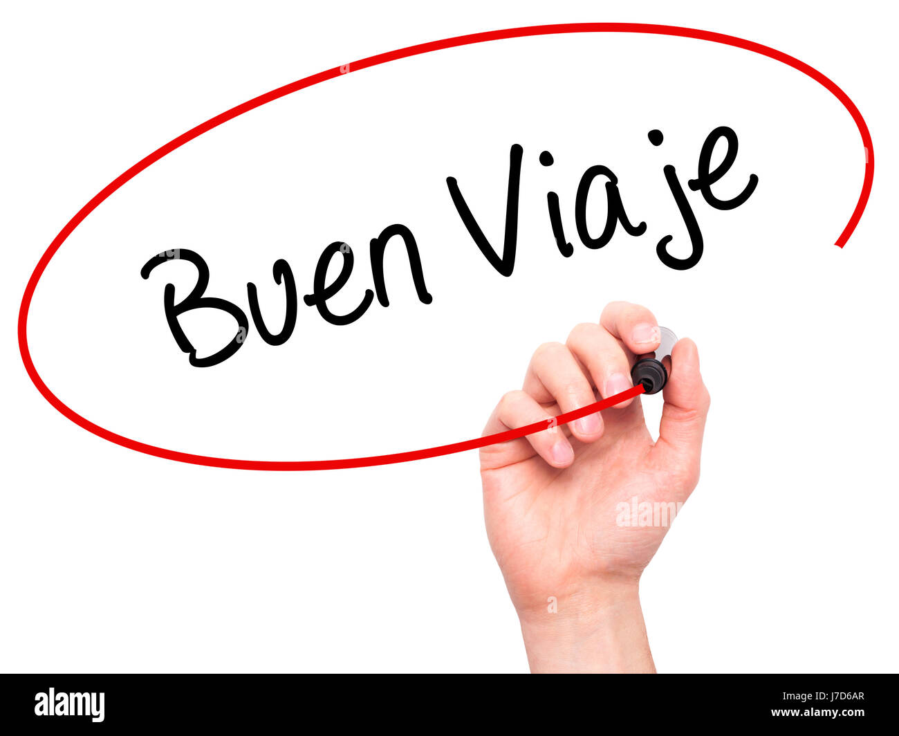 Man Hand writing Buen Viaje (Good Trip in Spanish) with black marker on visual screen. Isolated on white. Business, technology, internet concept. Stoc Stock Photo