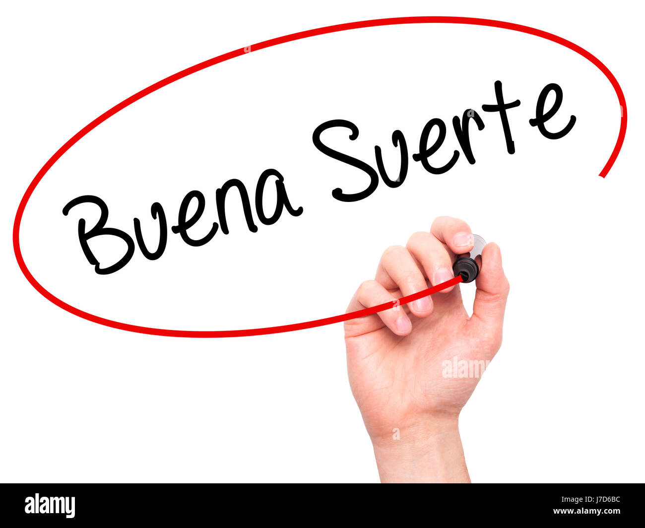 Man Hand writing Buena Suerte( Good Luck in Spanish) with black marker on  visual screen. Isolated on white. Business, technology, internet concept.  St Stock Photo - Alamy