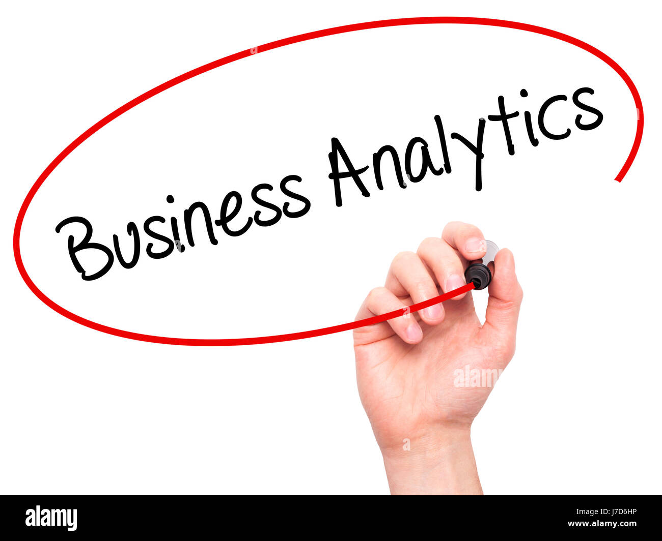 Man Hand writing Business Analytics with black marker on visual screen ...