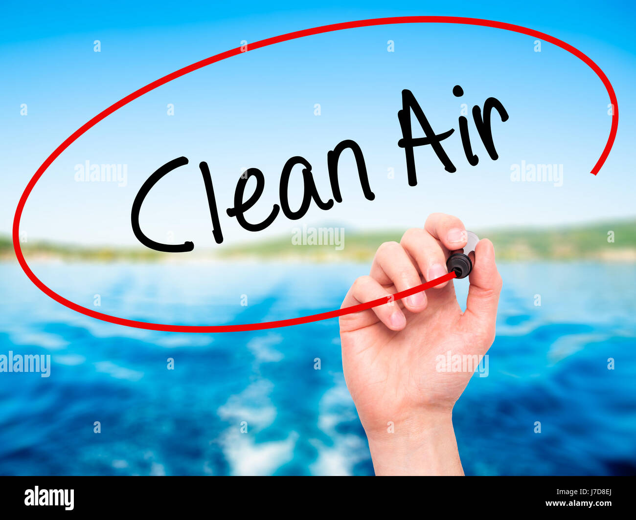 Cleaner Air Visual Man Hand writing Clean Air with black marker on visual screen. Isolated ...