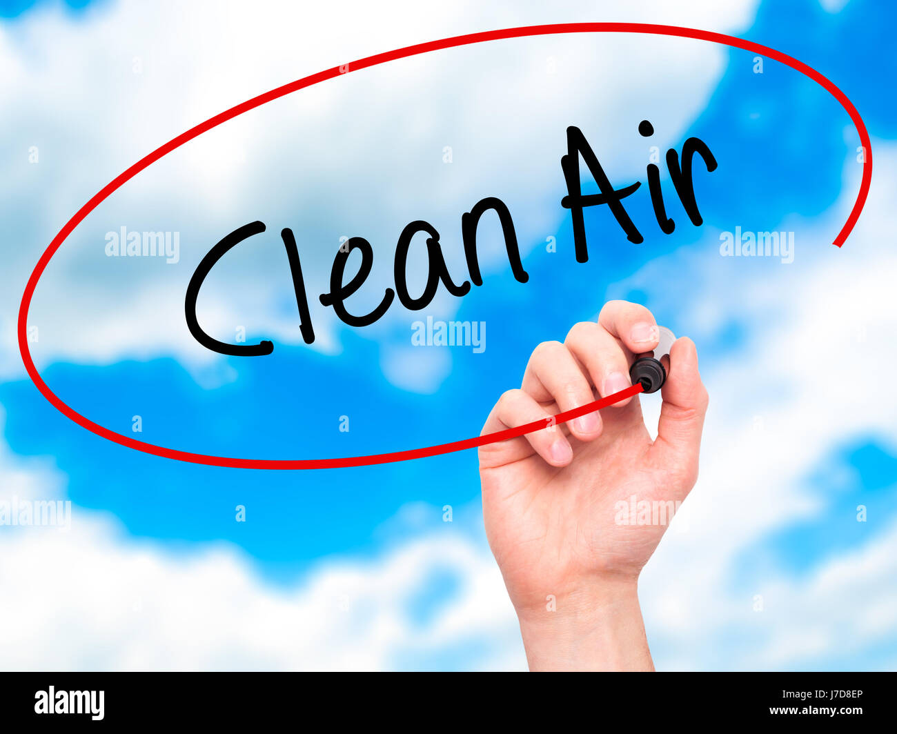 Cleaner Air Visual Man Hand writing Clean Air with black marker on visual screen. Isolated ...