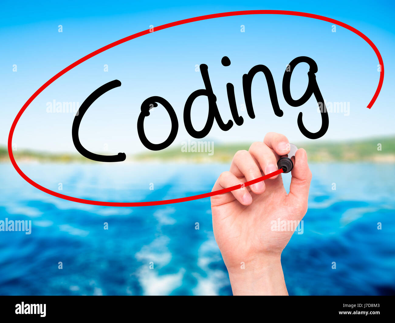 Man Hand writing Coding with black marker on visual screen. Isolated on ...