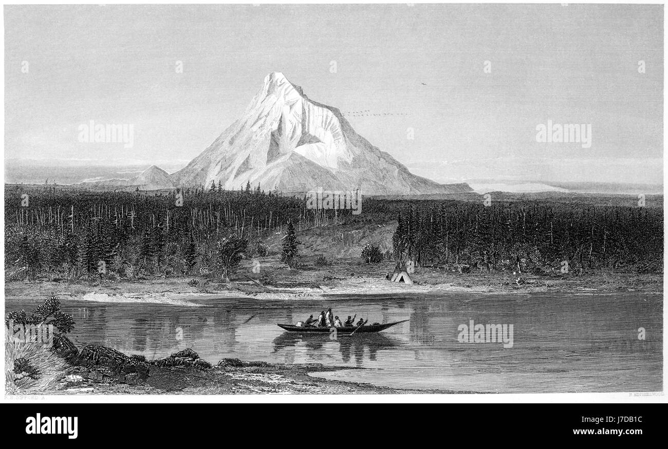 An engraving of Mount Hood from the Columbia scanned at high resolution from a book printed in 1872.  Believed copyright free. Stock Photo