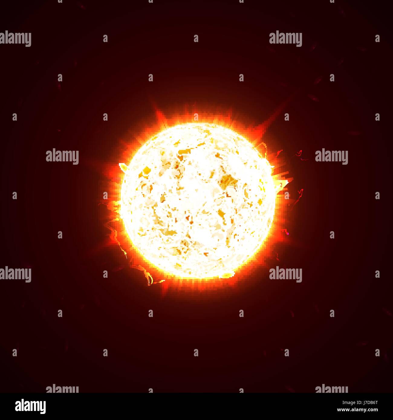 Burning realistic 3D sun, flashes, glare, flare, sparks, flames, heat and fire rays. Orange, hot, cosmic red planet on a black background vector illustration Stock Vector