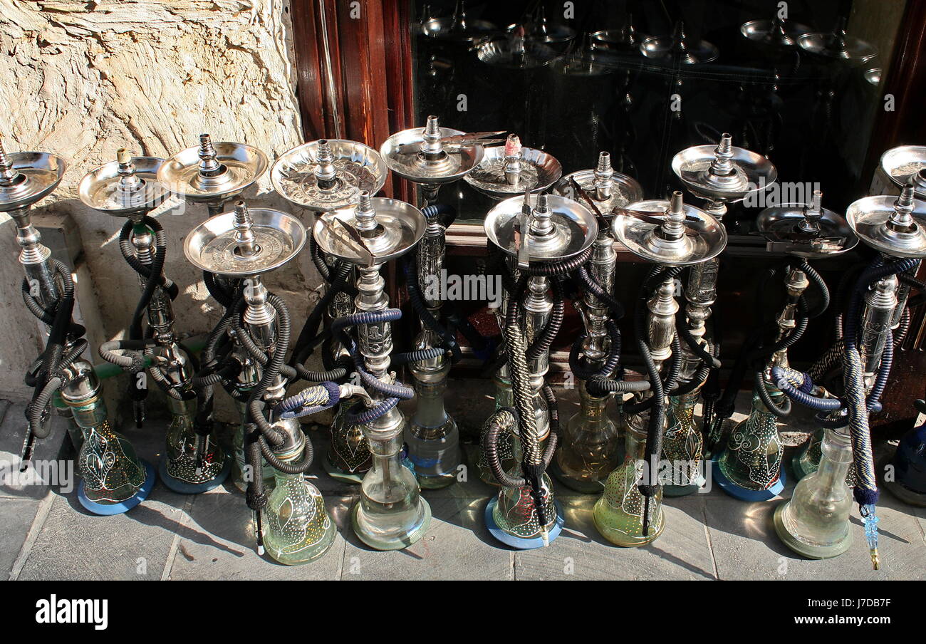 Hookahs (shisha pipes, water pipes) ready for use on a cafe terrace in