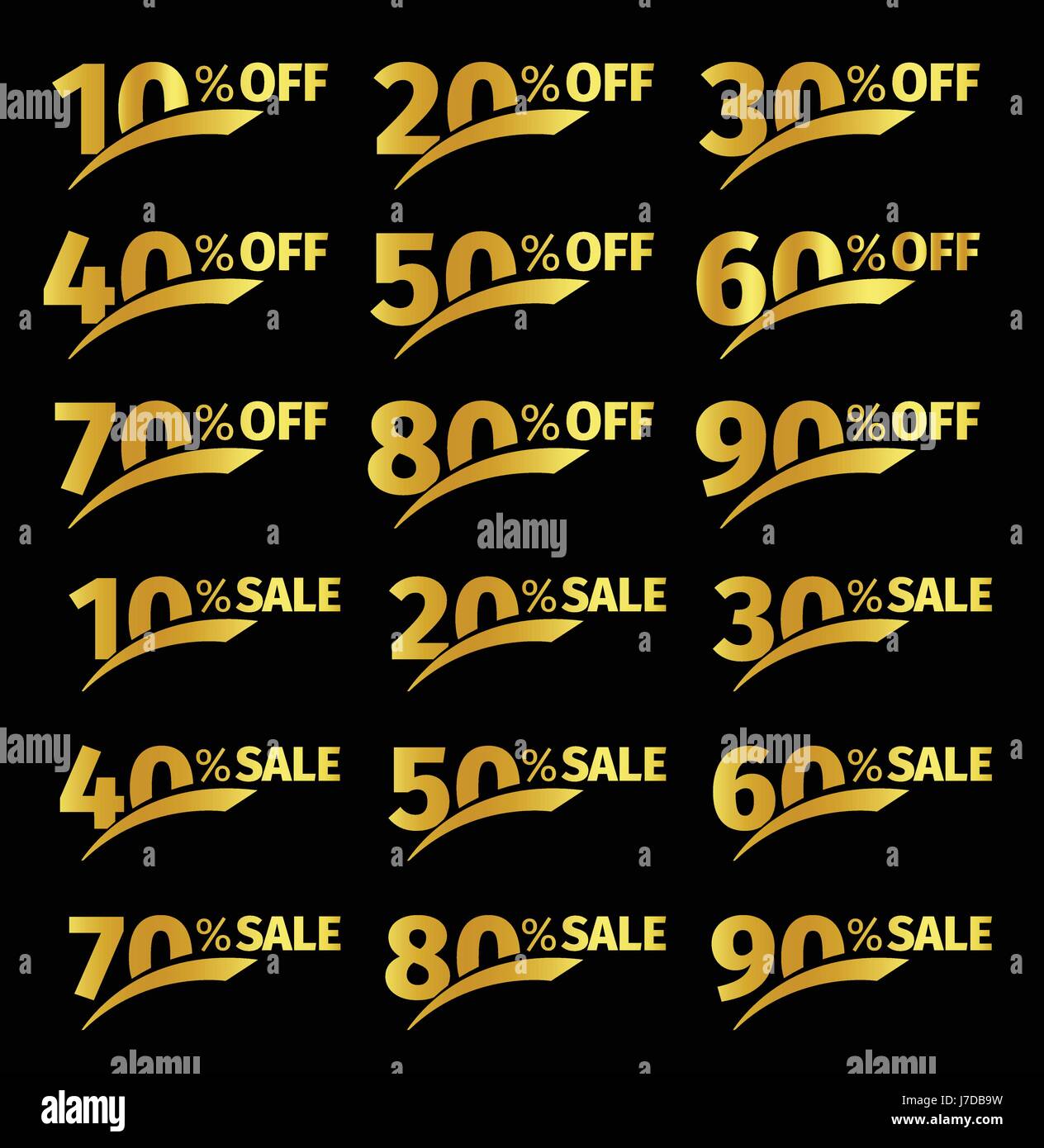 Golden numbers with percentage on a black background. Promotional business offer for buyers. The number of discounts in the strict style gold color. Vector illustration set Stock Vector