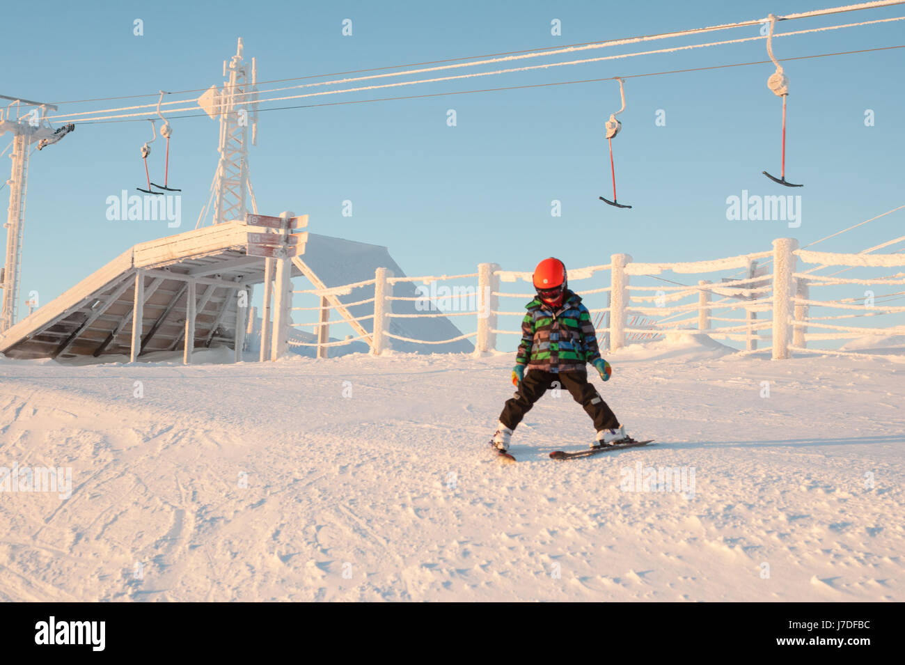 Skiers at Ruka ski resort, Kuusamo, Finland Stock Photo