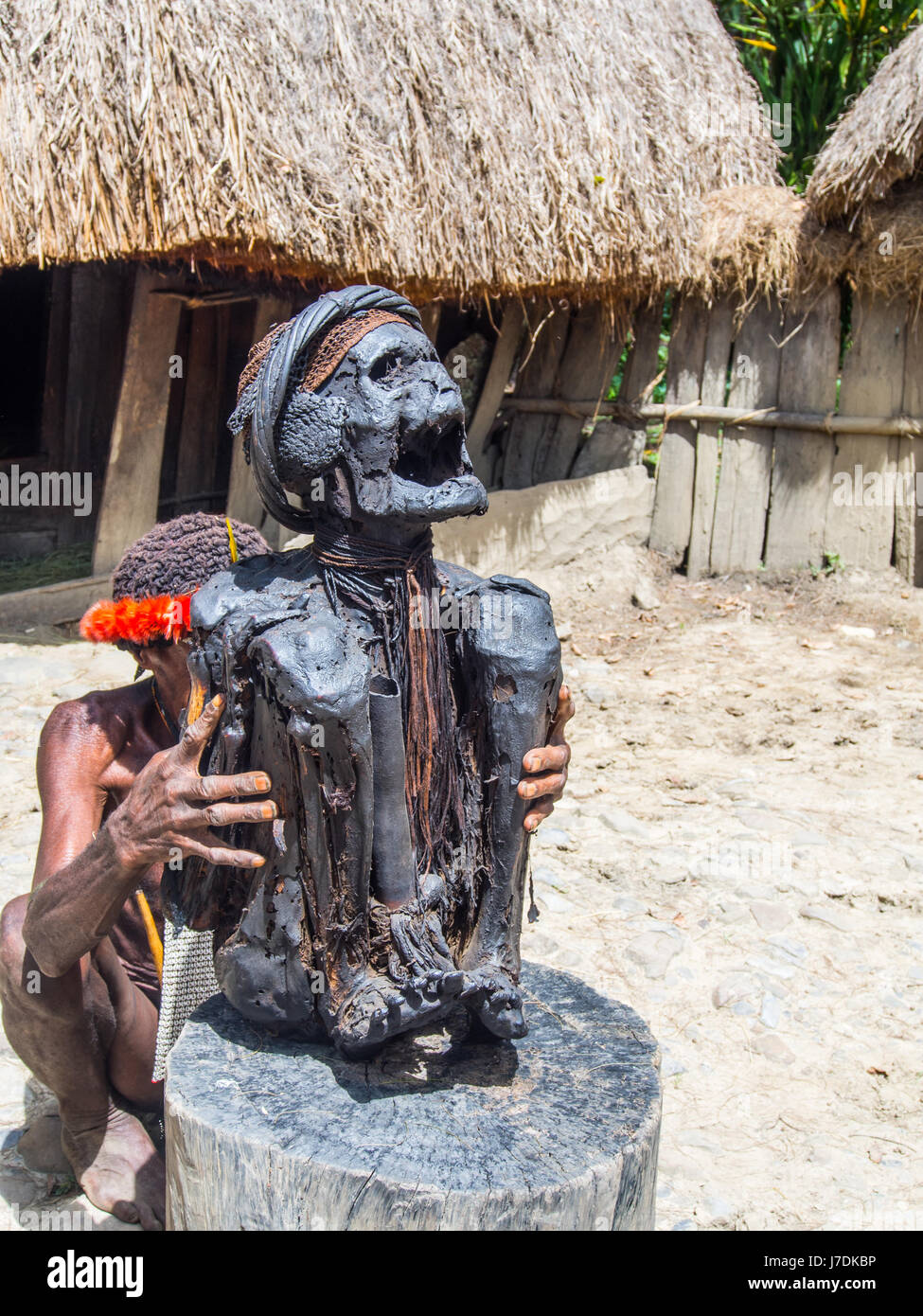 Wamena, Indonesia - January 23, 2015: Mummy presented by a member of the Dali tribe, near  Wamena town in the heart of Baliem Valley Stock Photo