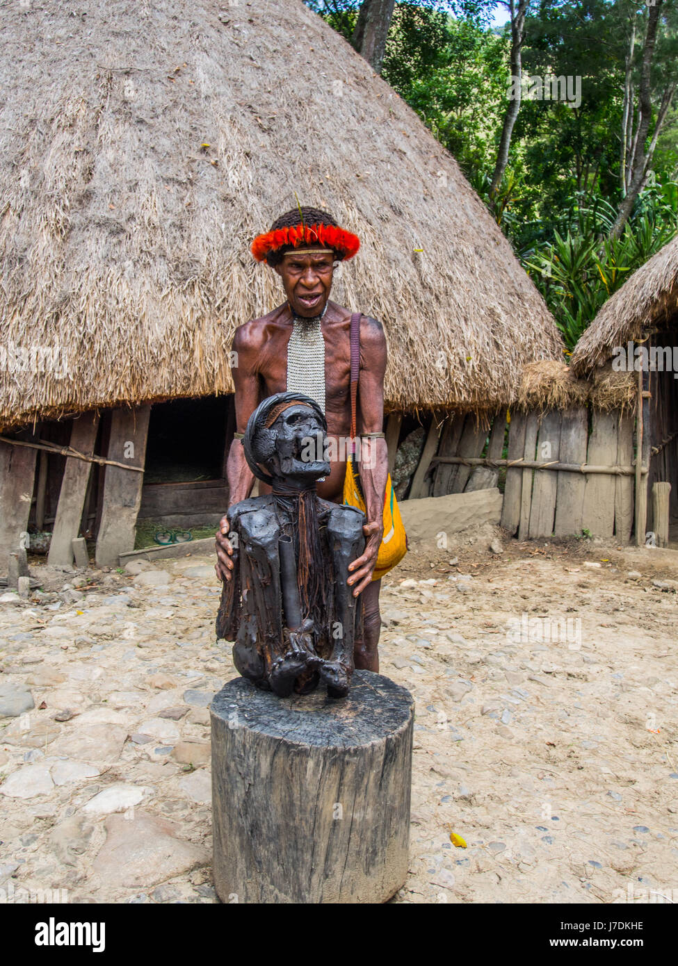 Wamena, Indonesia - January 23, 2015: Mummy presented by a member of the Dali tribe, near  Wamena town in the heart of Baliem Valley Stock Photo