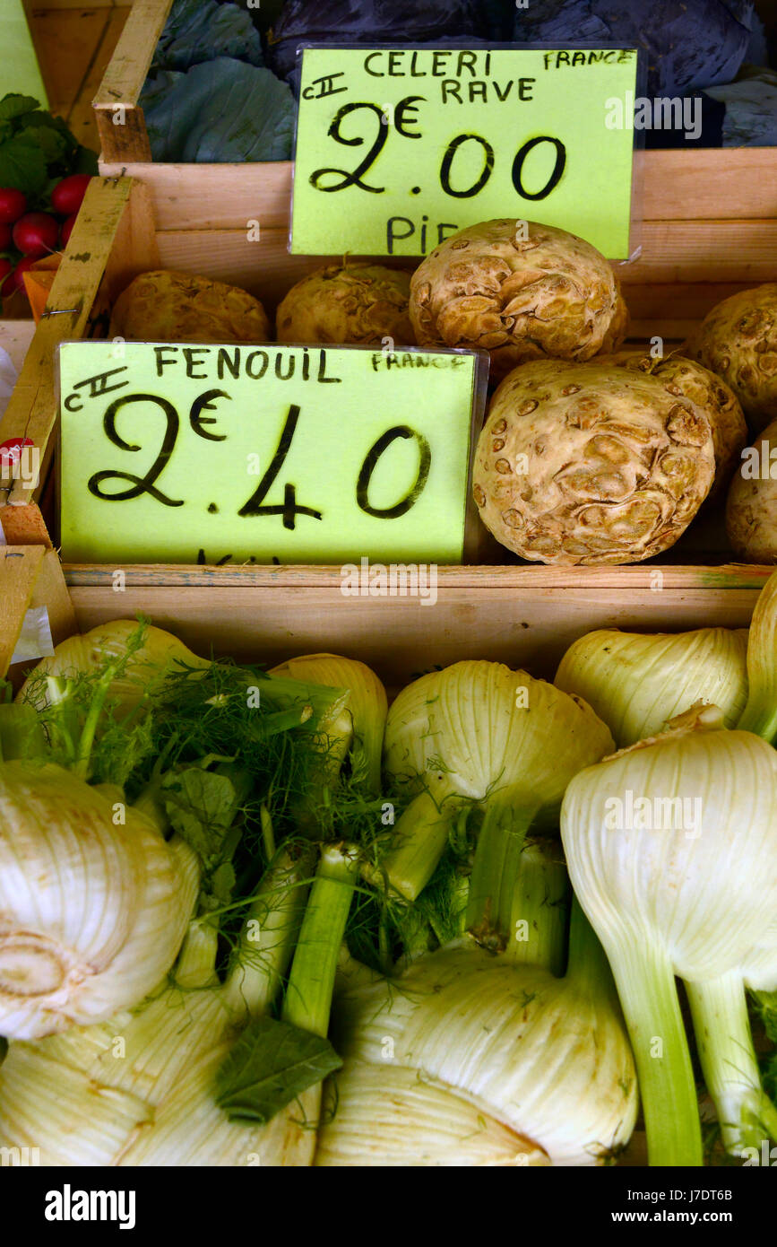Close up views of French market produce at St Antonin Noble Val. root vegetables, with prices in Euros. Stock Photo