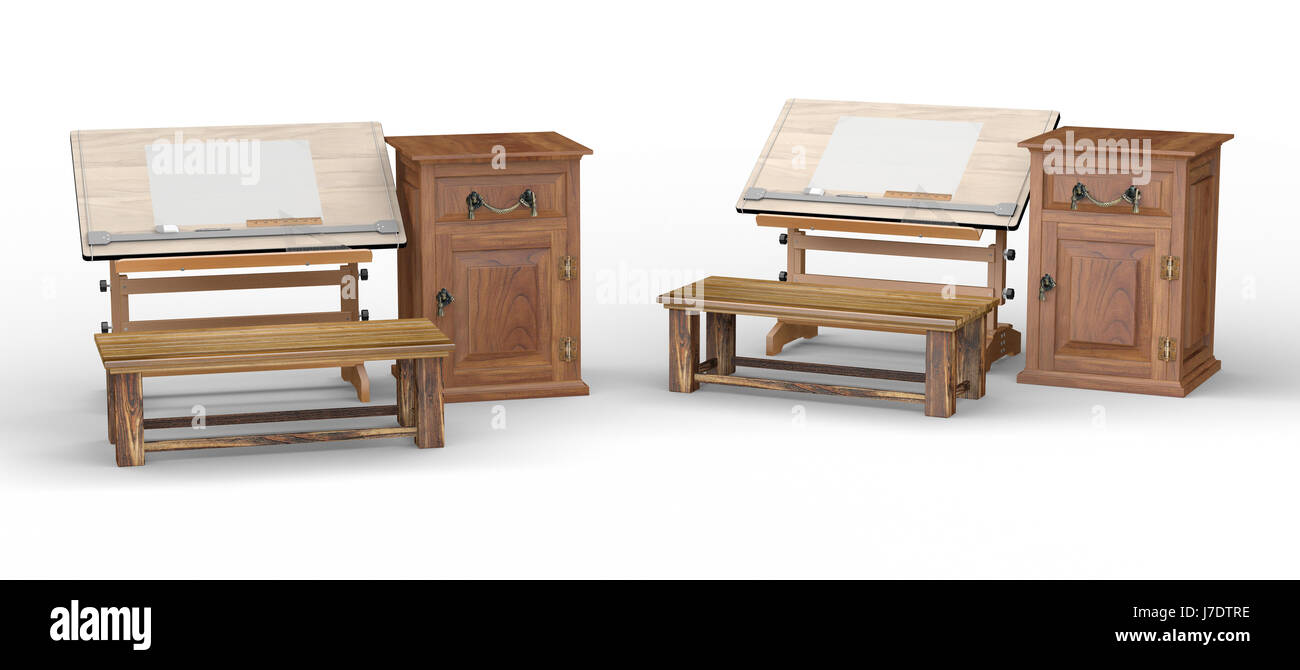 Wooden Drawing Table With Bench And Cabinet Clipping Path