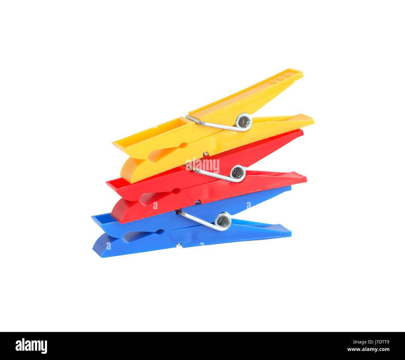 Three colored clothespins isolated on white background with clipping path Stock Photo