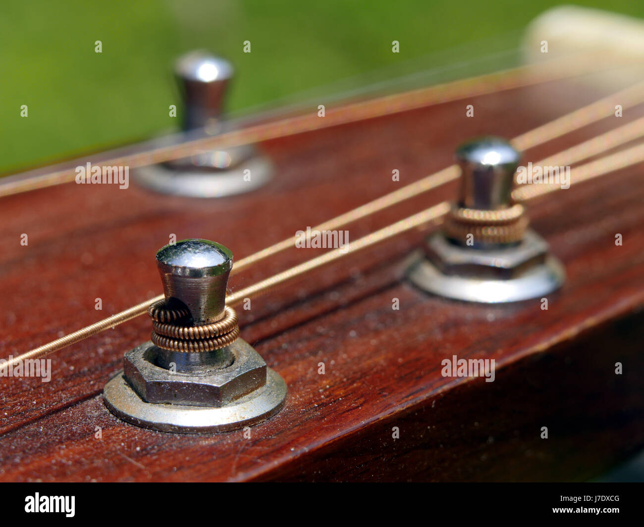 Close up detail of acoustic guitar strings and fittings Stock Photo