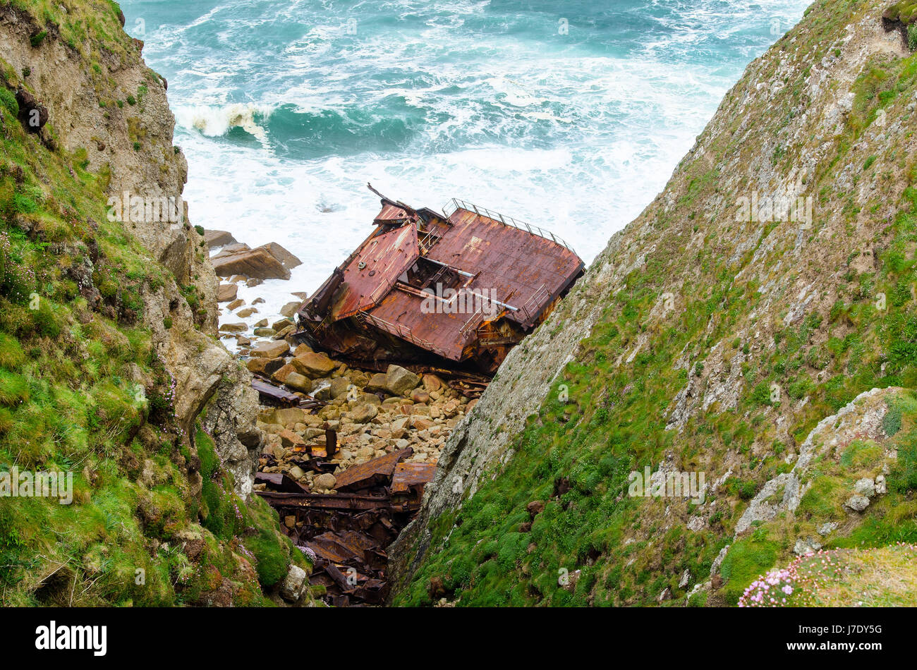 The wreck of RMS Mulheim in Castle Zawn between Sennen Cove and Lands End, Cornwall, UK. The shipwreck occurred on 22 March 2003. Stock Photo